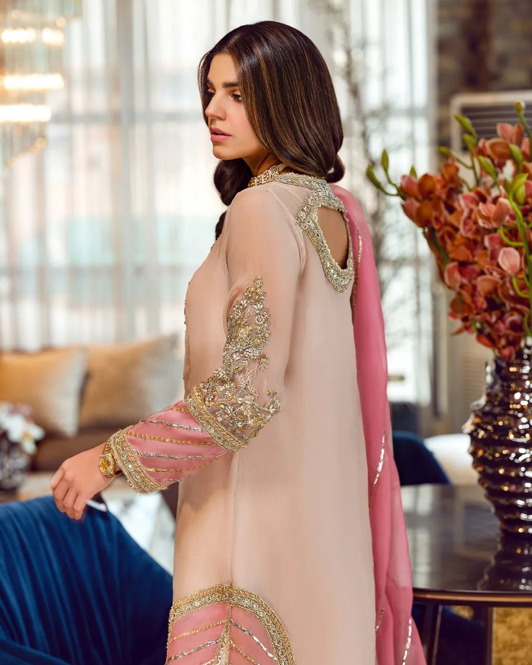 Sara Rohail Asghar SRA Organza Embroidered Hand Emblishment Collection PEACH NOUVEAU Pehnawa